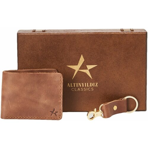 ALTINYILDIZ CLASSICS Men's Brown 100% Genuine Leather Wallet Keychain Slike