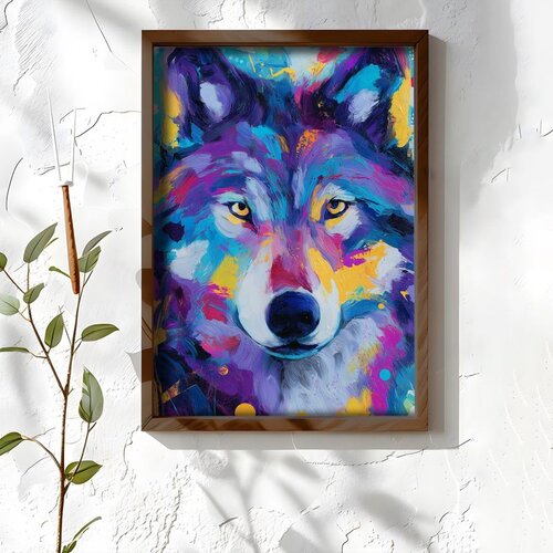 Wallxpert uramljena MDF slika NAL011-70, vuk u ljubičastim, plavim i žutim potezima boje, 50 x 70 cm Cene