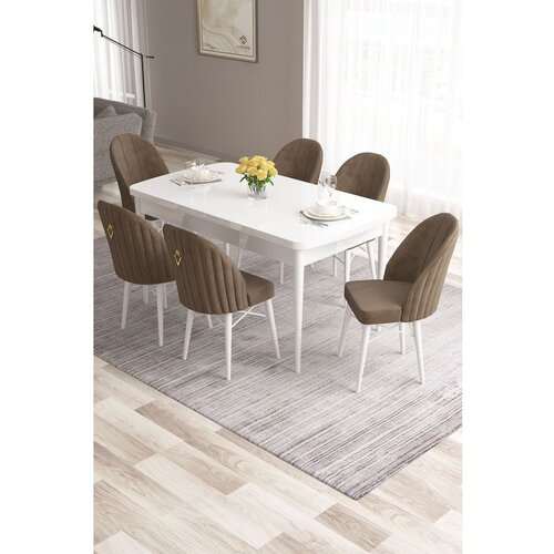 Hanah home Roz - White, Brown WhiteBrown Extendable Dining Table & Chairs Set (7 Pieces) Cene