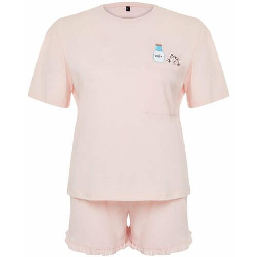 Trendyol Curve Pink Cotton Printed Knitted Pajamas Set Cene