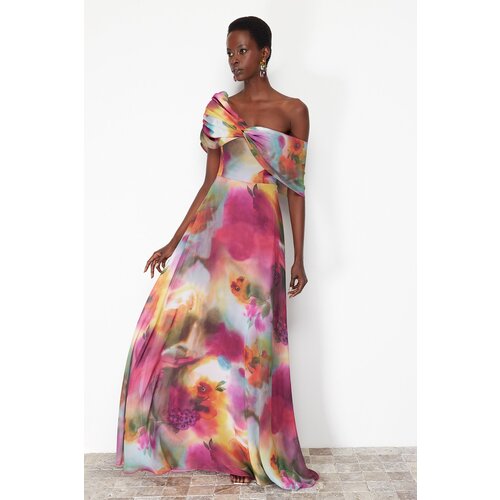 Trendyol Multi Color Woven Lined Asymmetrical Collar Chiffon Long Evening Dress Slike
