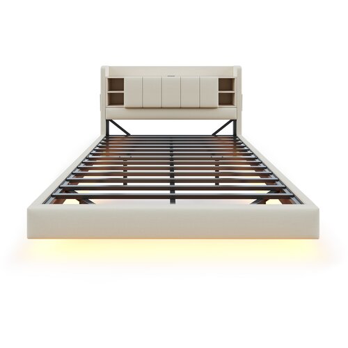 Lumor Oblazinjena postelja iz lana 160x200 cm – z USB priključkom + LED osvetlitvijo – z kovinsko letveno podlago – bež, (22150862) Cene