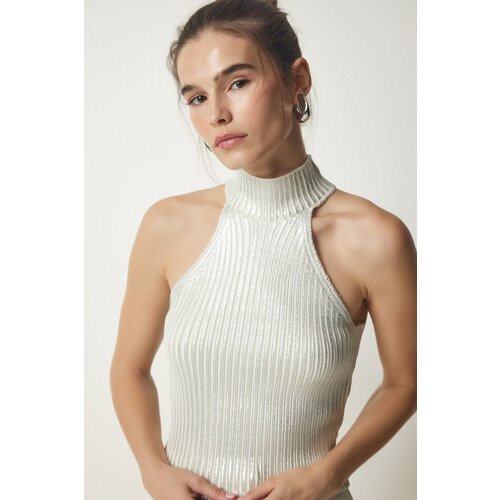  Women&amp;#039;s Metallic Gray Barbell Neck Ribbed Shiny Knitwear Blouse Slike