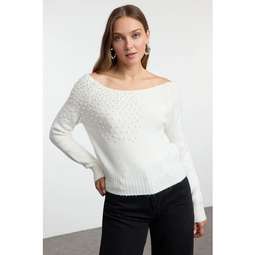 Trendyol Limited Edition Ecru Soft Texture Wide Pattern Beaded Detail Boat Neck Knitwear Sweater