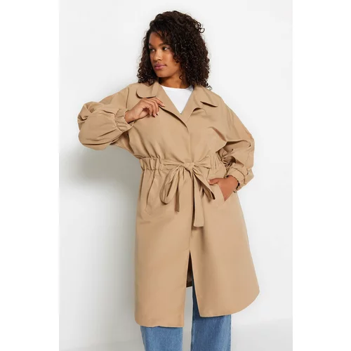 Trendyol Curve Beige Trench Coat with a Belted Waist
