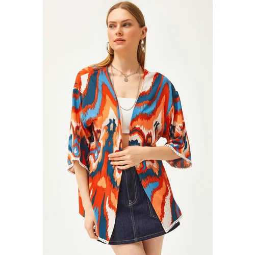 Olalook Women's Orange Blue Palm Guipure Detailed Viscose Kimono