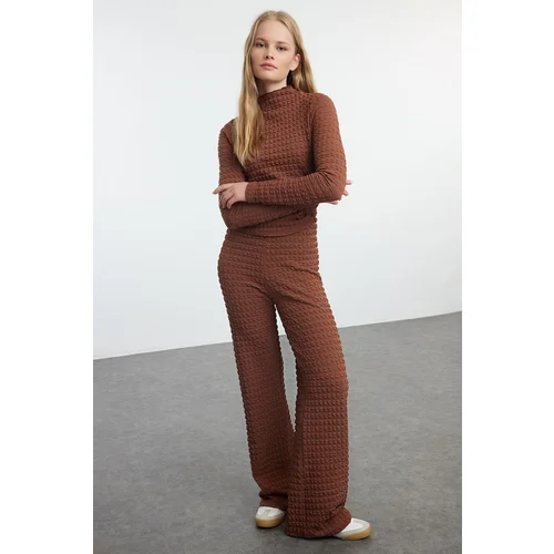 Trendyol Brown Textured Fitted Long Sleeve Stretchy Knitted Bottom-Top Set