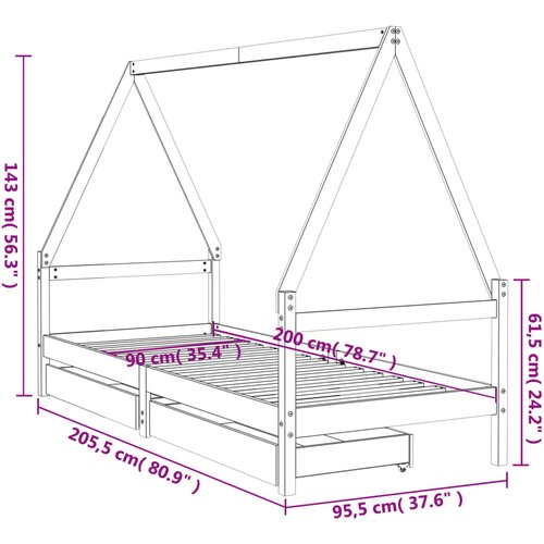  Okvir za dječji krevet s ladicama crni 90 x 200 cm od borovine Slike
