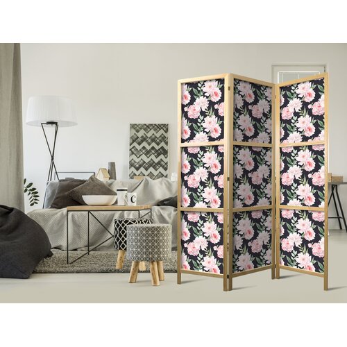  Japanski paravan - Peonies - Pink Flowers and Green Leaves on a Graphite Background Cene