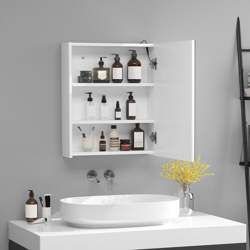 HOMCOM stenska omarica za kopalnico z enimi vrati, ogledalom in LED-lučmi | 2 notranji polici | MDF bela (60 x 50 x 15cm), (20745537) Cene