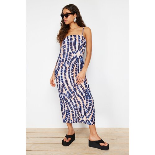 Trendyol blue abstract printed fitted/fitted square neck strap knitted dress Cene