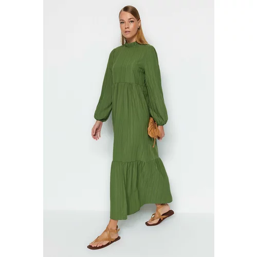 Trendyol Green Stand Up Collar Crinkle Wide Fit Woven Dress