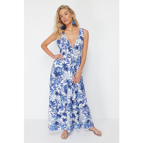 Trendyol Tropical Patterned Maxi Woven Decollete Backless Beach Dress Cene