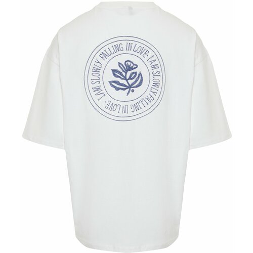 Trendyol Ecru Men's Oversize Embroidered 100% Cotton T-Shirt Slike