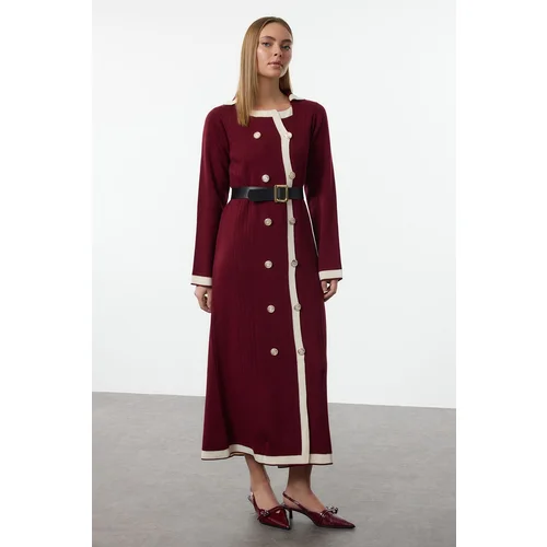 Trendyol Burgundy Belted Knitwear Color Block Dress