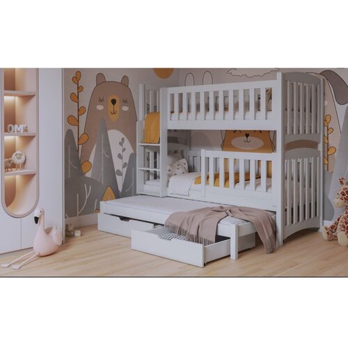 Molarem Home Drveni dječji krevet na kat Nathan III s tri kreveta i ladicom - bijeli - 180x80 cm - Madrac PE pjena 8 cm-spužvasti madrac Cijene