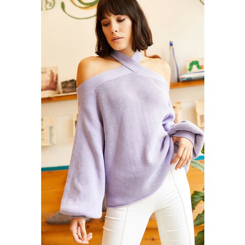 Olalook Women's Lilac Cross Neck Knitwear Sweater Slike