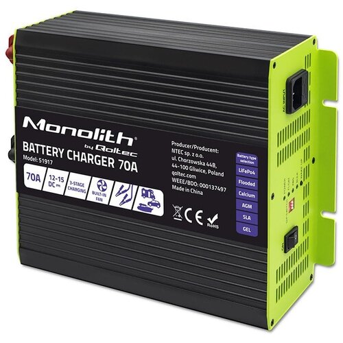 Qoltec Smart Professional Monolith Battery Charger for LiFePO4 AGM GEL SLA batteries | 70A | 12V | Fast charging Cene