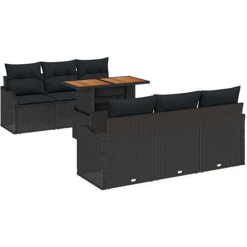 VidaXL 7-dijelni set sofe za vrt s jastučićima, crna poli rattan akacija, dvosjed sofe za vrt s jastučićima, crna poli rattan Slike