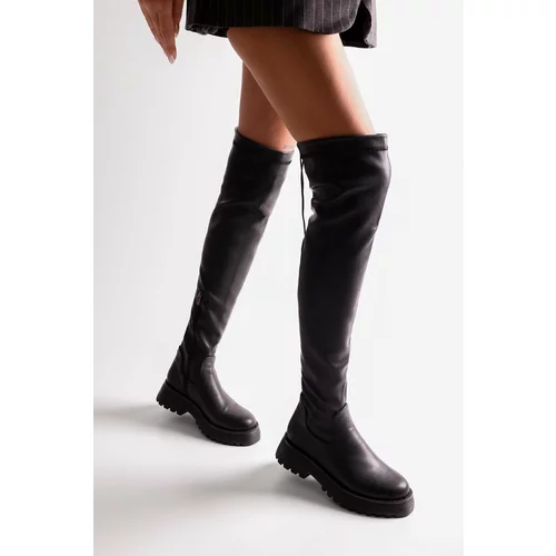 Shoeberry Women's Margot Black Thick Sole Long Stretch Elastic Boots Black Skin