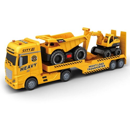  Žuti kamion transporter sa kiperom i bagerom Slike