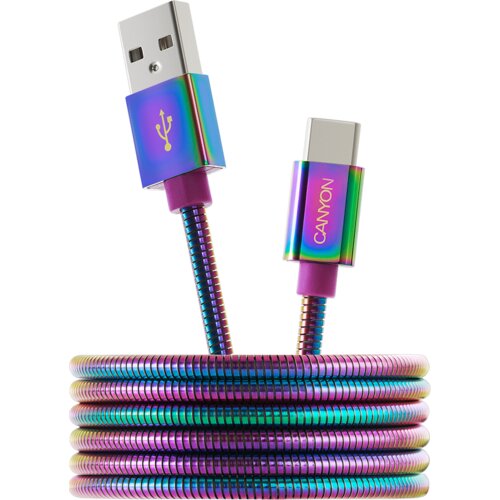 Canyon UC-7 Type C USB 2.0 standard cable, Power output 5V/9V 2A, OD 3.8mm, metal shell, cable length 1.2m, Rainbow, 14*6*1000mm, 0.04kg - CNS-USBC7RW Cene