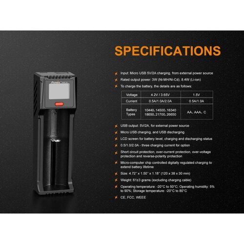 Fenix FENARED1 - Punjač za 1x Li-ion/AAA/AA/C bateriju, 5V Slike