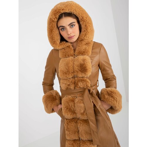 Fashion Hunters Eco-friendly Camel leather coat with hood Slike