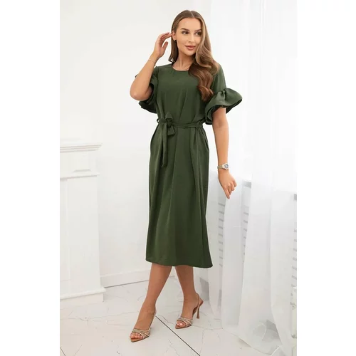 Kesi Dress with a tie at the waist with decorative sleeves in khaki color
