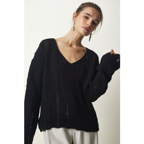 Happiness İstanbul Women's Black Ripped Detailed Oversize Knitwear Sweater Slike