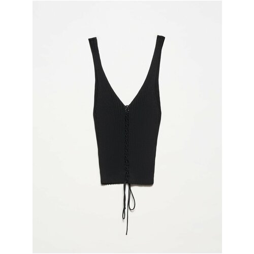 Dilvin 10362 Front Tie Laced Knitwear Undershirt-Black Slike