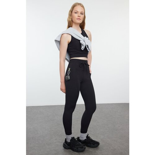 Trendyol Black Brushed Soft Fabric Pocket and Tie Detailed Full Length Knitted Sports Leggings Slike