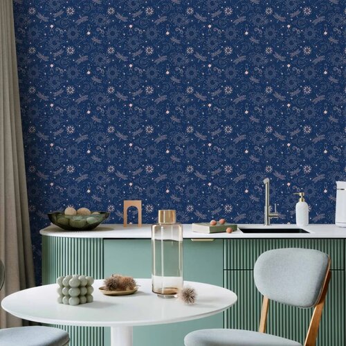  Tapeta - Cosmic Fantasy - Pattern with Suns - Moons - and Dragonflies on a Dark Background. 50x1000 Vodootporna Cene