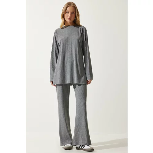Happiness İstanbul Women's Gray Ribbed Knitted Blouse Pants Suit