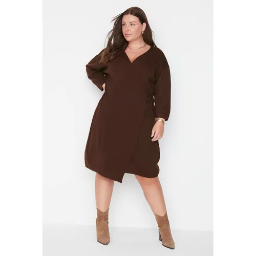 Trendyol Curve Brown V Neck Double Breasted Closed Tie Detailed Slim Knitwear Dress