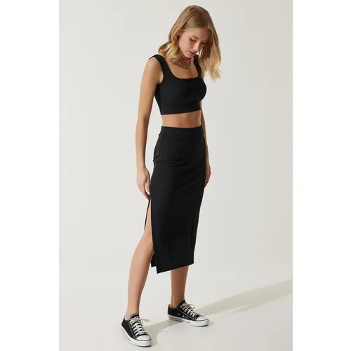  Women's Black Strappy Crop Pencil Skirt Knitted Set