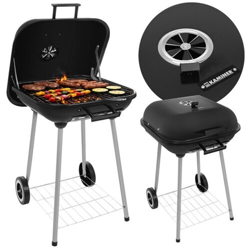 Kaminer vrtni ro&amp;scaron;tilj na oglje s poklopcem &amp;ndash; prenosni BBQ ro&amp;scaron;tilj s kolesi in policami Slike