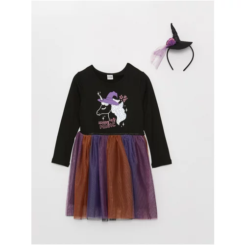 LC Waikiki Girl's Dress With A Crew Neck Printed Long Sleeve And A Crown.