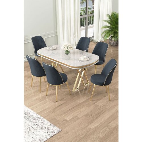 Hanah home Lai - White, Gold, Anthracite WhiteGoldAnthracite Dining Table & Chairs Set (7 Pieces) Cene