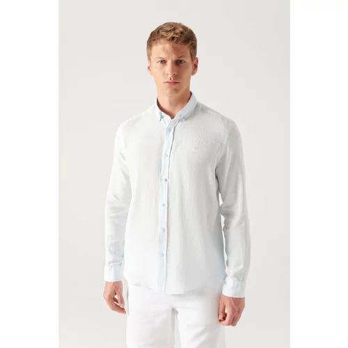 Avva Men's Light Blue 100% Linen Buttoned Collar Comfort Fit Shirt