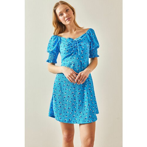 XHAN Turquoise Floral Patterned Gimped Sleeve Dress Cene