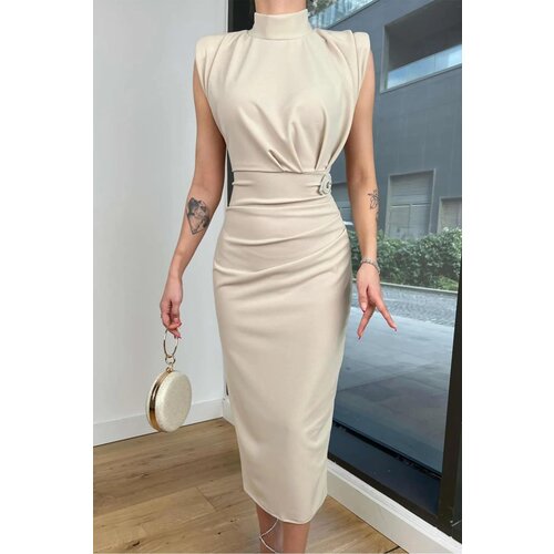 Dewberry 69862 Brooched Padded Crepe Women Dress-STONE Slike