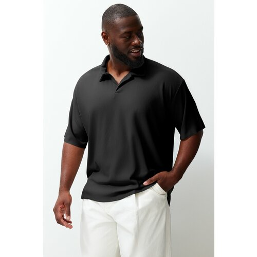 Trendyol Limited Edition Plus Size Black Men's Oversize Textured Ottoman Polo Neck T-Shirt Cene