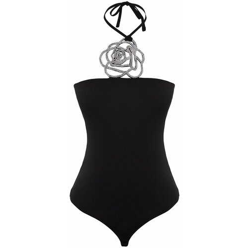 Trendyol Black Shiny Stone Rose Accessory Bodysuit Cene