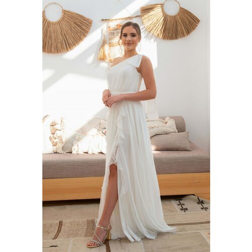 Carmen Ecru Chiffon One-Shoulder Long Evening Dress Wedding Dress And Outdoor Shooting Dress Slike