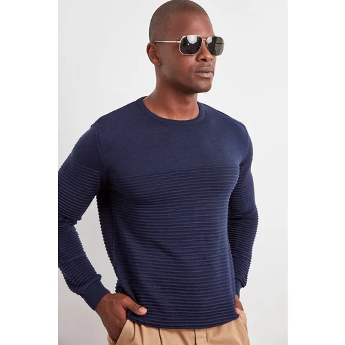 Trendyol Navy Blue Men's Textured Paneled Knitwear Sweater