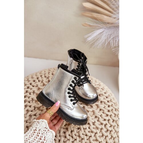 FR1 Lined Girls Patent Ankle Boots with Zip Silver Novita Cene