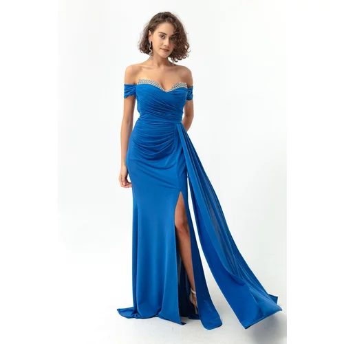 Lafaba Women's Blue Collar with Stones and Tail Long Evening Dress