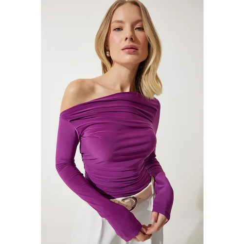  Women's Plum Draped Collar Gather Detailed Blouse