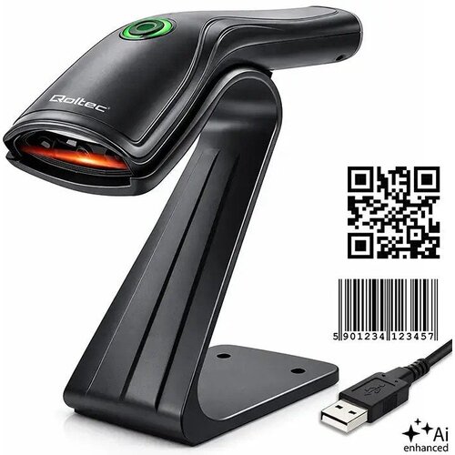Qoltec 52750 &amp;ndash; Žični bralnik črtnih kodov 1D/2D in QR kod s postoljem, USB, črn Slike